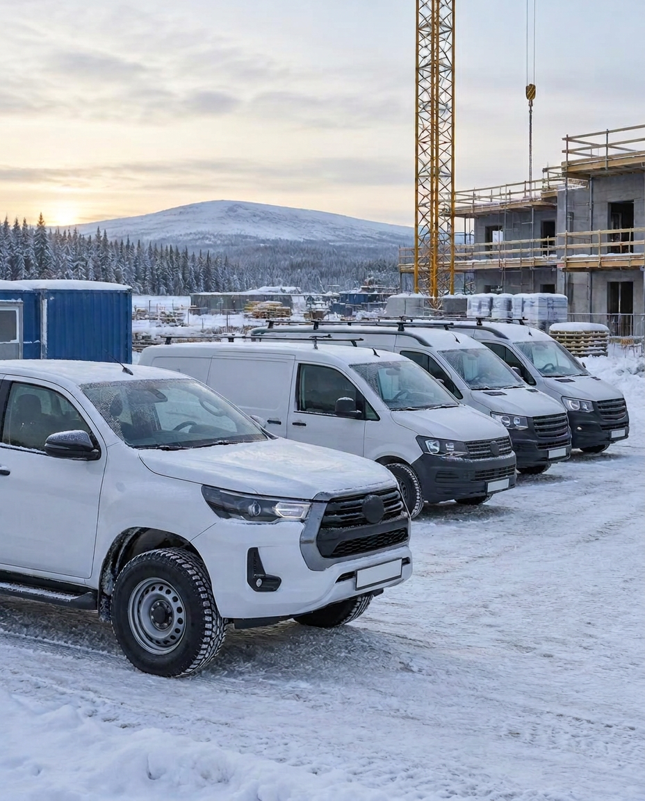 Fordonsflotta vid byggprojekt i snö