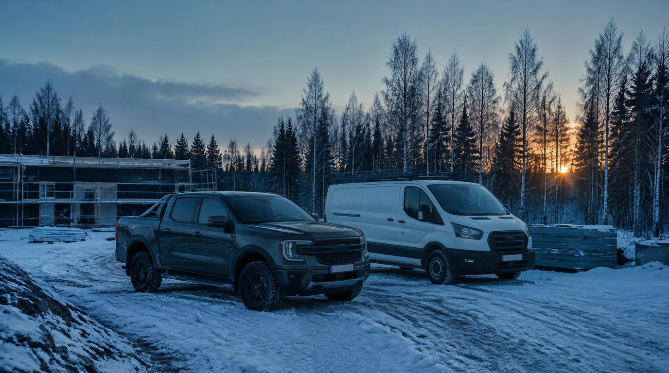 Pickup och skåpbil vid byggarbetsplats i vinterljus